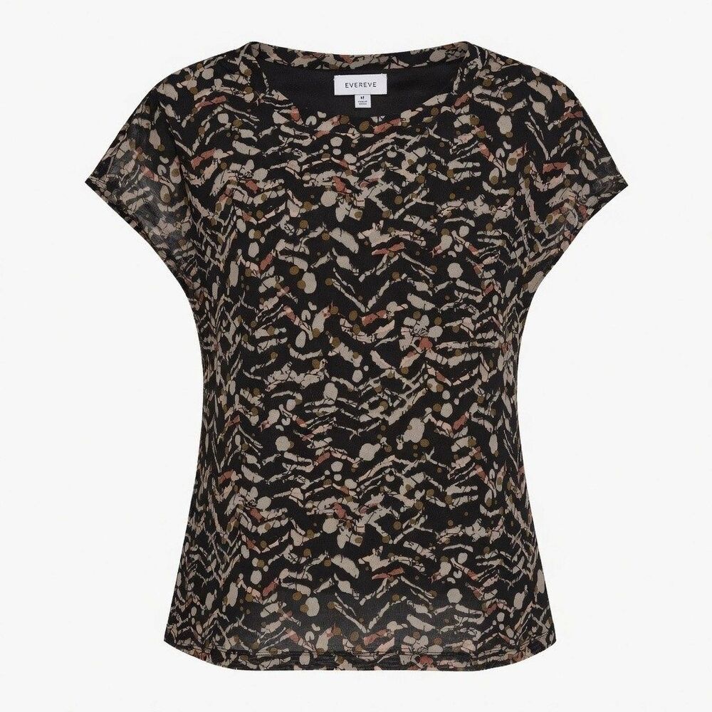 Evereve Top Oakley Mesh Sleeveless Abstract Print Blouse Womens Sz M Tan Black